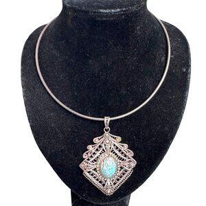 Vintage Italian 925 Silver Turquoise Filigree Pendant Necklace Elegant Statement